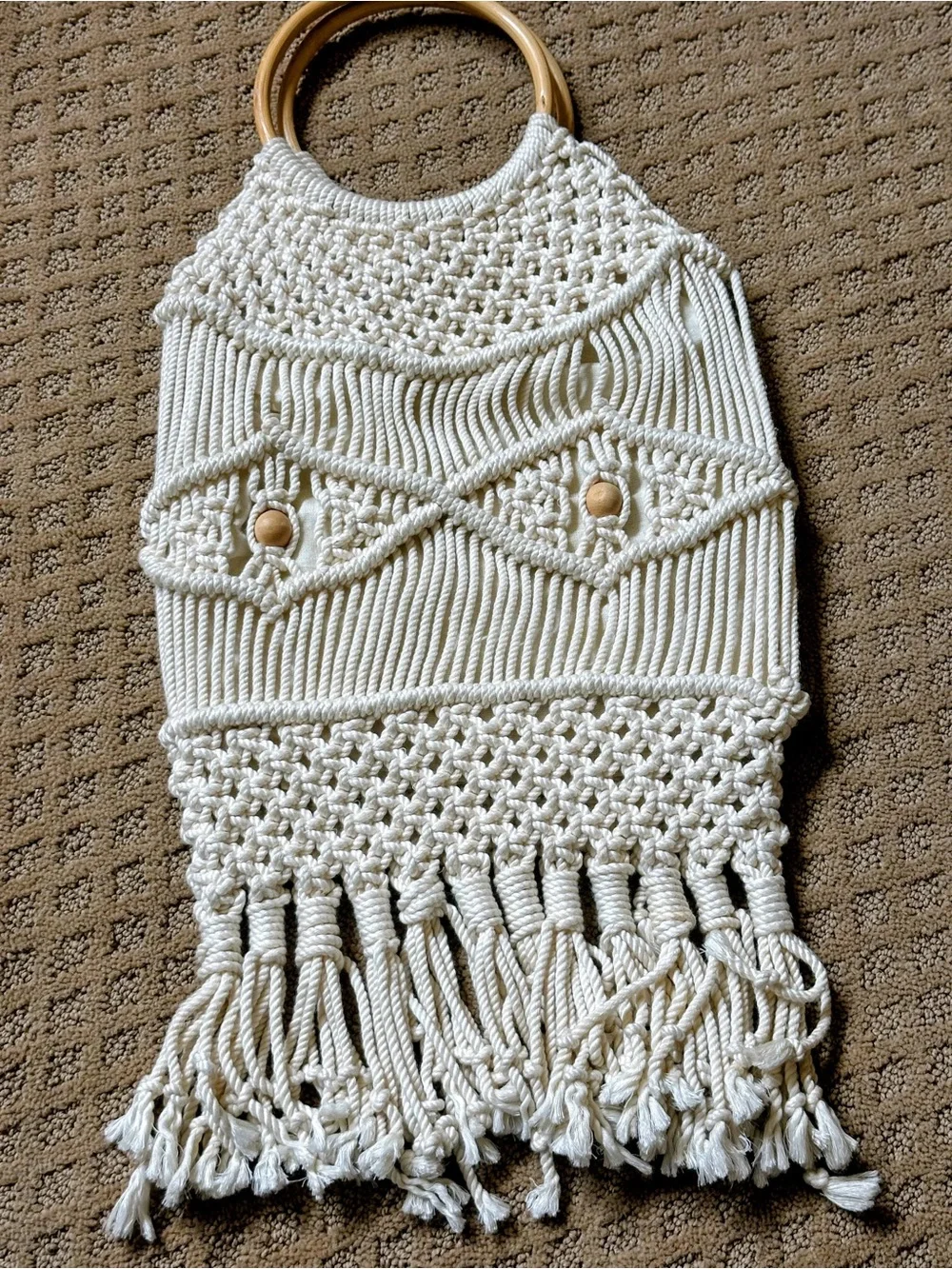 Boho Macramé purse with Wooden Ring handles - Cream